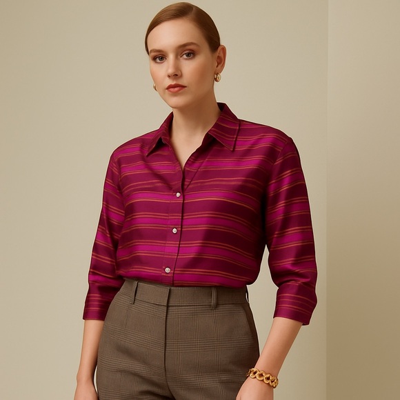 Sash Tops - [16] SASH Blouse silk 3/4 sleeve gold purple striped